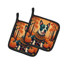 Pit Bull Terrier Fall Pair of Pot Holders Kitchen Heat Resistant Pot Holders Sets Oven Hot Pads for Cooking Baking BBQ, 7 1/2 x 7 1/2