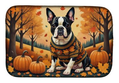 Boston Terrier Fall Dish Drying Mat Absorbent Dish Drying Mat Pad for Kitchen Counter Dish Drainer Mat for Countertop, 14 x 21, Multicolor