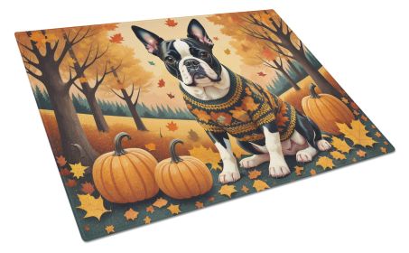 Boston Terrier Fall Glass Cutting Board Large Decorative Tempered Glass Kitchen Cutting and Serving Board Large Size Chopping Board