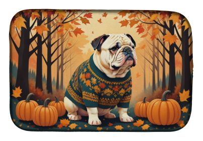 White English Bulldog Fall Dish Drying Mat Absorbent Dish Drying Mat Pad for Kitchen Counter Dish Drainer Mat for Countertop, 14 x 21, Multicolor