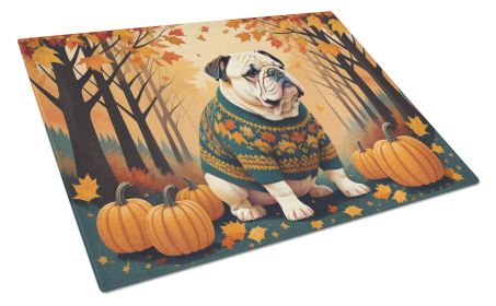 White English Bulldog Fall Glass Cutting Board Large Decorative Tempered Glass Kitchen Cutting and Serving Board Large Size Chopping Board