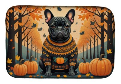 Black French Bulldog Fall Dish Drying Mat Absorbent Dish Drying Mat Pad for Kitchen Counter Dish Drainer Mat for Countertop, 14 x 21, Multicolor