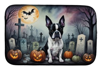 Boston Terrier Spooky Halloween Dish Drying Mat Absorbent Dish Drying Mat Pad for Kitchen Counter Dish Drainer Mat for Countertop, 14 x 21, Multicolor