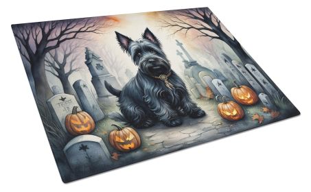 Scottish Terrier Spooky Halloween Glass Cutting Board Large Decorative Tempered Glass Kitchen Cutting and Serving Board Large Size Chopping Board