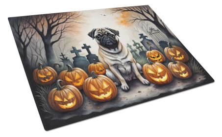 Fawn Pug Spooky Halloween Glass Cutting Board Large Decorative Tempered Glass Kitchen Cutting and Serving Board Large Size Chopping Board