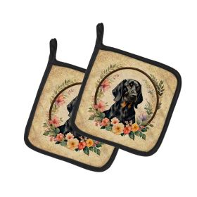 Black and Tan Coonhound and Flowers Pair of Pot Holders Kitchen Heat Resistant Pot Holders Sets Oven Hot Pads for Cooking Baking BBQ, 7 1/2 x 7 1/2