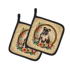 English Bulldog and Flowers Pair of Pot Holders Kitchen Heat Resistant Pot Holders Sets Oven Hot Pads for Cooking Baking BBQ, 7 1/2 x 7 1/2