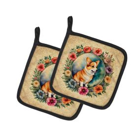 Corgi and Flowers Pair of Pot Holders Kitchen Heat Resistant Pot Holders Sets Oven Hot Pads for Cooking Baking BBQ, 7 1/2 x 7 1/2