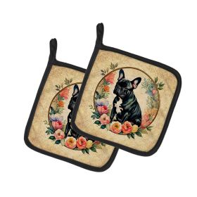 Black French Bulldog and Flowers Pair of Pot Holders Kitchen Heat Resistant Pot Holders Sets Oven Hot Pads for Cooking Baking BBQ, 7 1/2 x 7 1/2