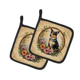 Lancashire Heeler and Flowers Pair of Pot Holders Kitchen Heat Resistant Pot Holders Sets Oven Hot Pads for Cooking Baking BBQ, 7 1/2 x 7 1/2