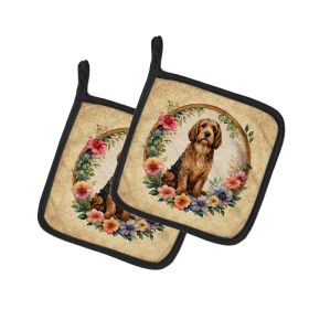 Otterhound and Flowers Pair of Pot Holders Kitchen Heat Resistant Pot Holders Sets Oven Hot Pads for Cooking Baking BBQ, 7 1/2 x 7 1/2