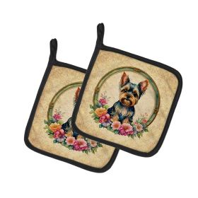 Yorkshire Terrier and Flowers Pair of Pot Holders Kitchen Heat Resistant Pot Holders Sets Oven Hot Pads for Cooking Baking BBQ, 7 1/2 x 7 1/2