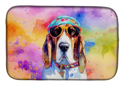 Basset Hound Hippie Dawg Dish Drying Mat Absorbent Dish Drying Mat Pad for Kitchen Counter Dish Drainer Mat for Countertop, 14 x 21, Multicolor