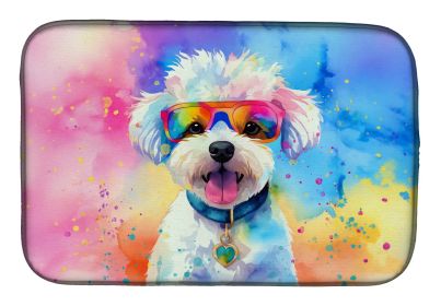 Bichon Frise Hippie Dawg Dish Drying Mat Absorbent Dish Drying Mat Pad for Kitchen Counter Dish Drainer Mat for Countertop, 14 x 21, Multicolor
