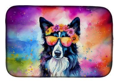 Border Collie Hippie Dawg Dish Drying Mat Absorbent Dish Drying Mat Pad for Kitchen Counter Dish Drainer Mat for Countertop, 14 x 21, Multicolor