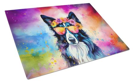 Border Collie Hippie Dawg Glass Cutting Board Large Decorative Tempered Glass Kitchen Cutting and Serving Board Large Size Chopping Board