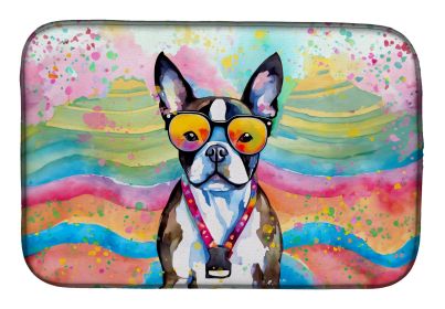 Boston Terrier Hippie Dawg Dish Drying Mat Absorbent Dish Drying Mat Pad for Kitchen Counter Dish Drainer Mat for Countertop, 14 x 21, Multicolor