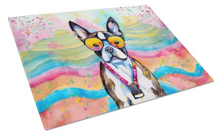 Boston Terrier Hippie Dawg Glass Cutting Board Large Decorative Tempered Glass Kitchen Cutting and Serving Board Large Size Chopping Board