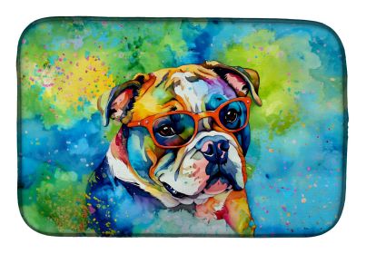 English Bulldog Hippie Dawg Dish Drying Mat Absorbent Dish Drying Mat Pad for Kitchen Counter Dish Drainer Mat for Countertop, 14 x 21, Multicolor
