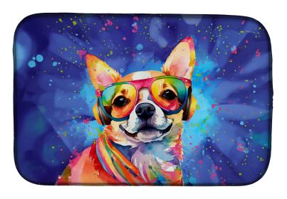 Chihuahua Hippie Dawg Dish Drying Mat Absorbent Dish Drying Mat Pad for Kitchen Counter Dish Drainer Mat for Countertop, 14 x 21, Multicolor