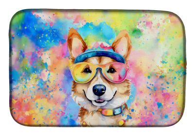 Corgi Hippie Dawg Dish Drying Mat Absorbent Dish Drying Mat Pad for Kitchen Counter Dish Drainer Mat for Countertop, 14 x 21, Multicolor