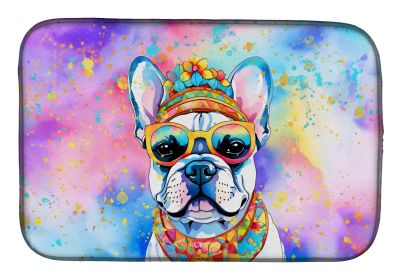 French Bulldog Hippie Dawg Dish Drying Mat Absorbent Dish Drying Mat Pad for Kitchen Counter Dish Drainer Mat for Countertop, 14 x 21, Multicolor