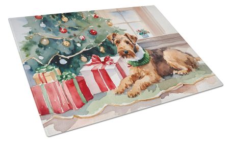 Airedale Terrier Cozy Christmas Glass Cutting Board Large Decorative Tempered Glass Kitchen Cutting and Serving Board Large Size Chopping Board