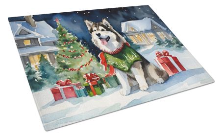 Alaskan Malamute Cozy Christmas Glass Cutting Board Large Decorative Tempered Glass Kitchen Cutting and Serving Board Large Size Chopping Board