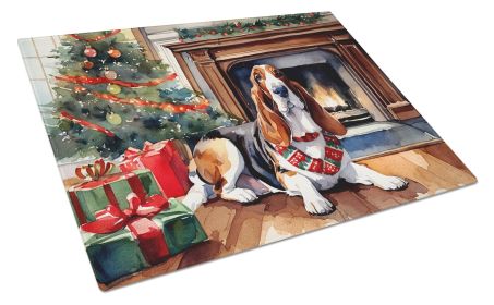 Basset Hound Cozy Christmas Glass Cutting Board Large Decorative Tempered Glass Kitchen Cutting and Serving Board Large Size Chopping Board