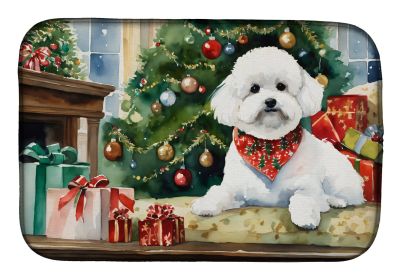 Bichon Frise Cozy Christmas Dish Drying Mat Absorbent Dish Drying Mat Pad for Kitchen Counter Dish Drainer Mat for Countertop, 14 x 21, Multicolor
