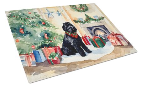 Black Russian Terrier Cozy Christmas Glass Cutting Board Large Decorative Tempered Glass Kitchen Cutting and Serving Board Large Size Chopping Board