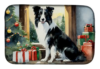 Border Collie Cozy Christmas Dish Drying Mat Absorbent Dish Drying Mat Pad for Kitchen Counter Dish Drainer Mat for Countertop, 14 x 21, Multicolor