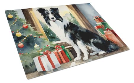 Border Collie Cozy Christmas Glass Cutting Board Large Decorative Tempered Glass Kitchen Cutting and Serving Board Large Size Chopping Board