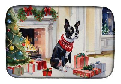 Boston Terrier Cozy Christmas Dish Drying Mat Absorbent Dish Drying Mat Pad for Kitchen Counter Dish Drainer Mat for Countertop, 14 x 21, Multicolor