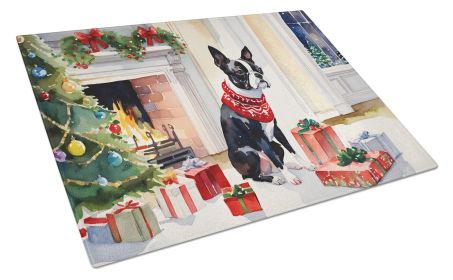 Boston Terrier Cozy Christmas Glass Cutting Board Large Decorative Tempered Glass Kitchen Cutting and Serving Board Large Size Chopping Board