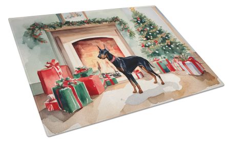 Doberman Pinscher Cozy Christmas Glass Cutting Board Large Decorative Tempered Glass Kitchen Cutting and Serving Board Large Size Chopping Board