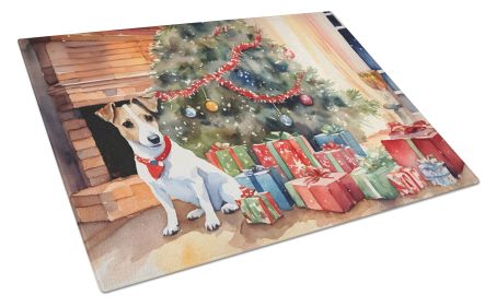 Jack Russell Terrier Cozy Christmas Glass Cutting Board Large Decorative Tempered Glass Kitchen Cutting and Serving Board Large Size Chopping Board