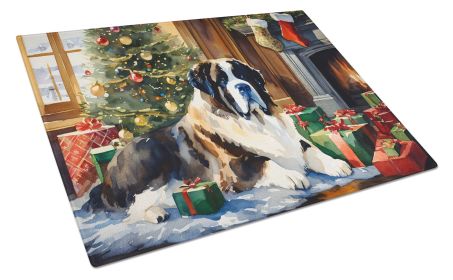 Saint Bernard Cozy Christmas Glass Cutting Board Large Decorative Tempered Glass Kitchen Cutting and Serving Board Large Size Chopping Board