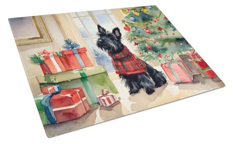 Scottish Terrier Cozy Christmas Glass Cutting Board Large Decorative Tempered Glass Kitchen Cutting and Serving Board Large Size Chopping Board