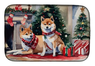 Shiba Inu Cozy Christmas Dish Drying Mat Absorbent Dish Drying Mat Pad for Kitchen Counter Dish Drainer Mat for Countertop, 14 x 21, Multicolor