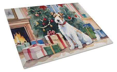 Fox Terrier Cozy Christmas Glass Cutting Board Large Decorative Tempered Glass Kitchen Cutting and Serving Board Large Size Chopping Board