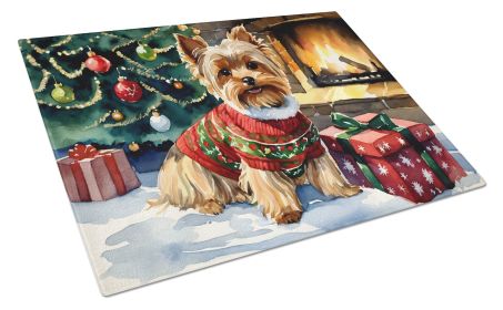 Yorkshire Terrier Cozy Christmas Glass Cutting Board Large Decorative Tempered Glass Kitchen Cutting and Serving Board Large Size Chopping Board