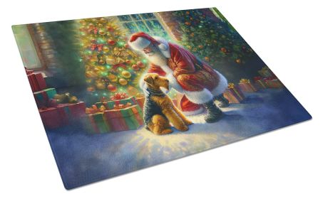Airedale Terrier and Santa Claus Glass Cutting Board Decorative Tempered Glass Kitchen Cutting and Serving Board Large Size Chopping Board
