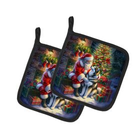 Alaskan Malamute and Santa Claus Pair of Pot Holders Kitchen Heat Resistant Pot Holders Sets Oven Hot Pads for Cooking Baking BBQ, 7 1/2 x 7 1/2