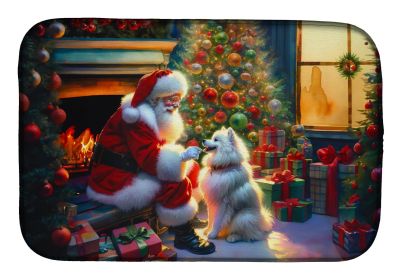 American Eskimo and Santa Claus Dish Drying Mat Absorbent Dish Drying Mat Pad for Kitchen Counter Dish Drainer Mat for Countertop, 14 x 21, Multicolor