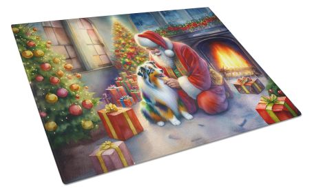 Australian Shepherd and Santa Claus Glass Cutting Board Decorative Tempered Glass Kitchen Cutting and Serving Board Large Size Chopping Board