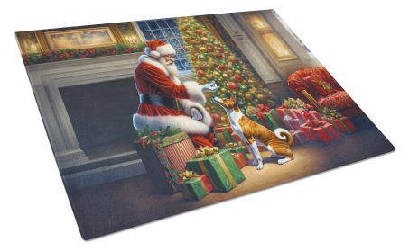 Basenji and Santa Claus Glass Cutting Board Decorative Tempered Glass Kitchen Cutting and Serving Board Large Size Chopping Board