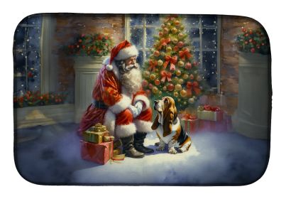 Basset Hound and Santa Claus Dish Drying Mat Absorbent Dish Drying Mat Pad for Kitchen Counter Dish Drainer Mat for Countertop, 14 x 21, Multicolor