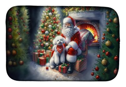 Bichon Frise and Santa Claus Dish Drying Mat Absorbent Dish Drying Mat Pad for Kitchen Counter Dish Drainer Mat for Countertop, 14 x 21, Multicolor