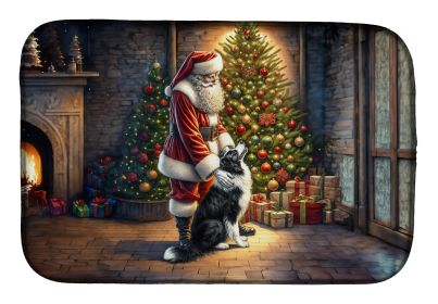 Border Collie and Santa Claus Dish Drying Mat Absorbent Dish Drying Mat Pad for Kitchen Counter Dish Drainer Mat for Countertop, 14 x 21, Multicolor